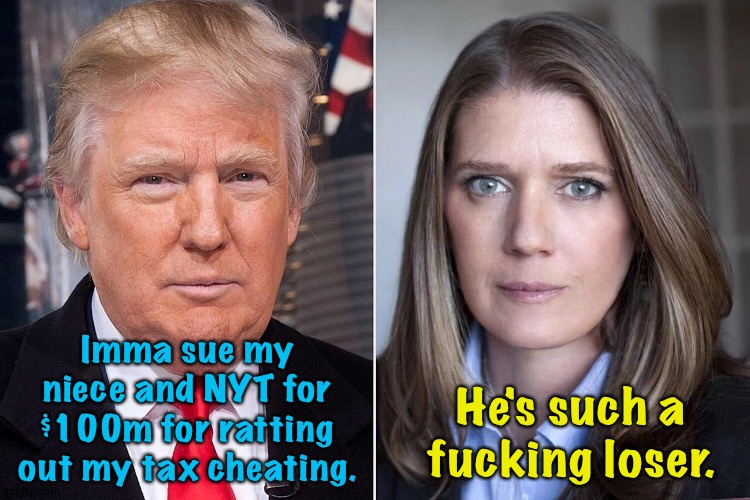 Stealing your niece's inheritance was such a dick move. | Imma sue my niece and NYT for $100m for ratting out my tax cheating. He's such a fucking loser. | image tagged in donald trump,mary trump | made w/ Imgflip meme maker
