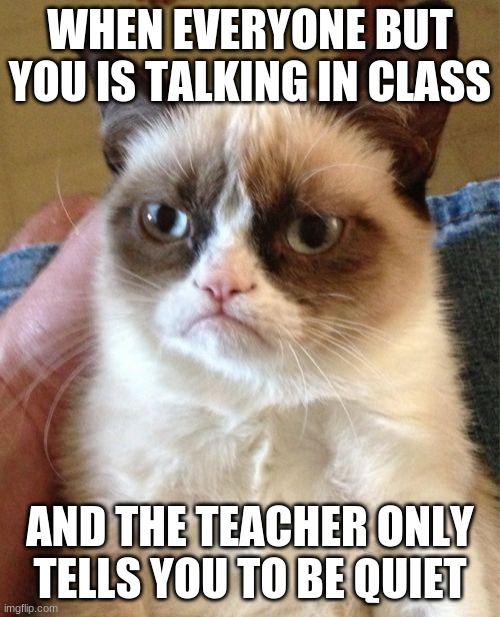 Upset | WHEN EVERYONE BUT YOU IS TALKING IN CLASS; AND THE TEACHER ONLY TELLS YOU TO BE QUIET | image tagged in memes,grumpy cat | made w/ Imgflip meme maker