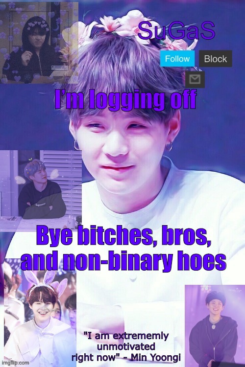 Gn | I’m logging off; Bye bitches, bros, and non-binary hoes | image tagged in sugas' suga template | made w/ Imgflip meme maker