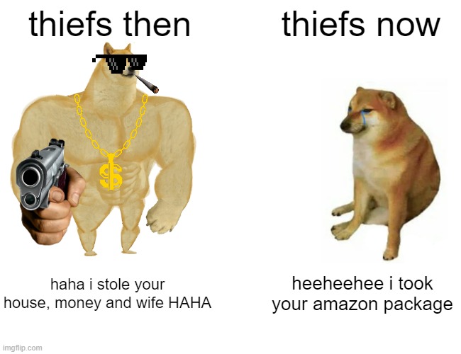 it's evolving, just backwards | thiefs then; thiefs now; haha i stole your house, money and wife HAHA; heeheehee i took your amazon package | image tagged in memes,buff doge vs cheems | made w/ Imgflip meme maker