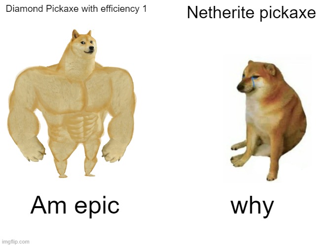 Buff Doge vs. Cheems | Diamond Pickaxe with efficiency 1; Netherite pickaxe; Am epic; why | image tagged in memes,buff doge vs cheems | made w/ Imgflip meme maker