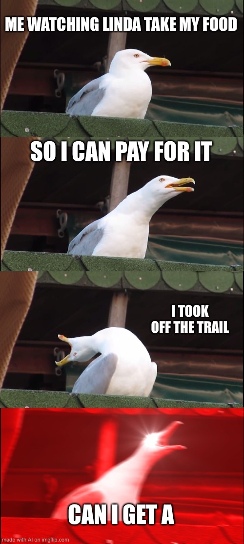 [AiGM]: huuuuyiiiaaaaaa!!!!!!! | ME WATCHING LINDA TAKE MY FOOD; SO I CAN PAY FOR IT; I TOOK OFF THE TRAIL; CAN I GET A | image tagged in memes,inhaling seagull | made w/ Imgflip meme maker