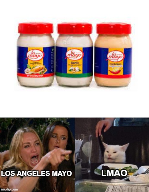 Cat not like mayo.... | LOS ANGELES MAYO; LMAO | image tagged in memes,woman yelling at cat | made w/ Imgflip meme maker