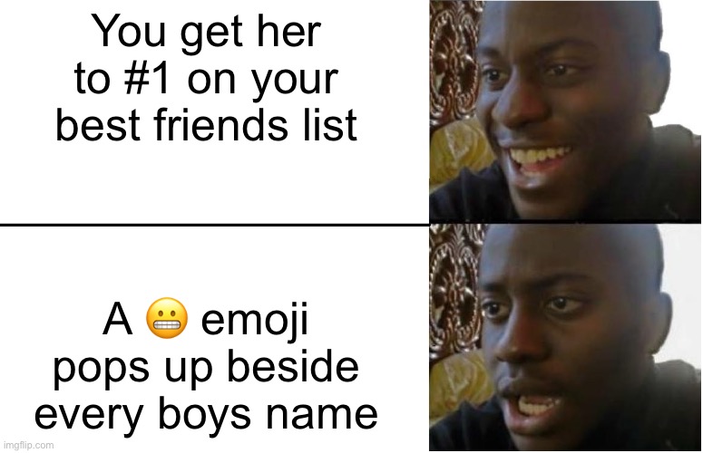 Common occurance | You get her to #1 on your best friends list; A 😬 emoji pops up beside every boys name | image tagged in disappointed black guy,relatable,girls,funny | made w/ Imgflip meme maker