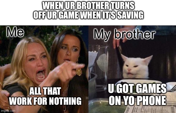 Is it just me? | WHEN UR BROTHER TURNS OFF UR GAME WHEN IT’S SAVING; Me; My brother; U GOT GAMES ON YO PHONE; ALL THAT WORK FOR NOTHING | image tagged in memes,woman yelling at cat | made w/ Imgflip meme maker