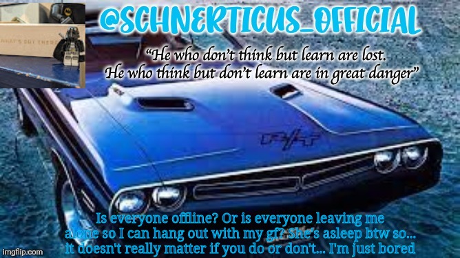 Schnerticus temp 2 | Is everyone offline? Or is everyone leaving me alone so I can hang out with my gf? She's asleep btw so... it doesn't really matter if you do or don't... I'm just bored | image tagged in schnerticus temp 2 | made w/ Imgflip meme maker