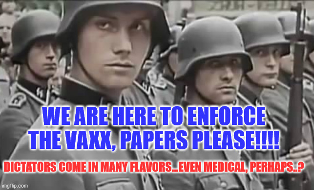 Michigan state troopers | WE ARE HERE TO ENFORCE THE VAXX, PAPERS PLEASE!!!! DICTATORS COME IN MANY FLAVORS...EVEN MEDICAL, PERHAPS..? | image tagged in michigan state troopers | made w/ Imgflip meme maker