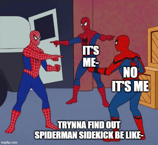 Spider Man Triple | IT'S ME-; NO IT'S ME; TRYNNA FIND OUT SPIDERMAN SIDEKICK BE LIKE- | image tagged in spider man triple | made w/ Imgflip meme maker