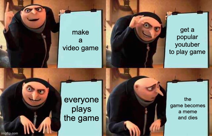 game logic | make a video game; get a popular youtuber to play game; everyone plays the game; the game becomes a meme and dies | image tagged in memes,gru's plan | made w/ Imgflip meme maker