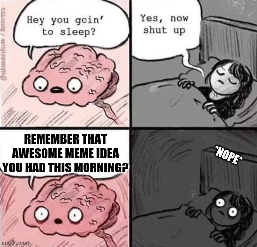 Every time. | REMEMBER THAT AWESOME MEME IDEA YOU HAD THIS MORNING? *NOPE* | image tagged in waking up brain,i think i forgot something,forgot,funny meme | made w/ Imgflip meme maker