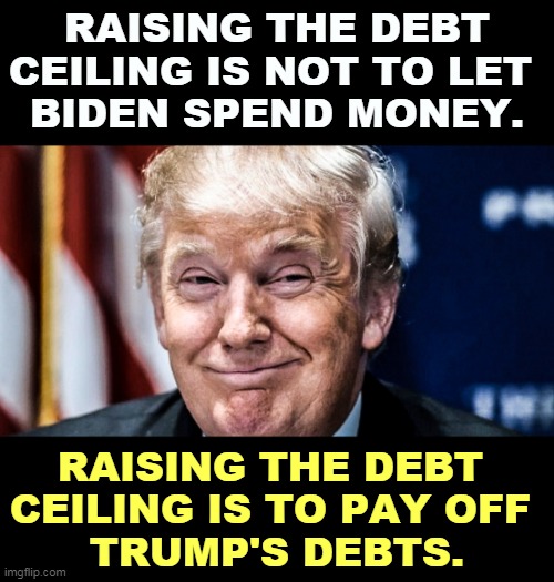 Trump ran up trillions of dollars of debt. McConnell wants you to think it's Biden's, but it's not. These are Republican IOU's. | RAISING THE DEBT CEILING IS NOT TO LET 
BIDEN SPEND MONEY. RAISING THE DEBT 
CEILING IS TO PAY OFF 
TRUMP'S DEBTS. | image tagged in trump,national debt,debt,ceiling,republican,spending | made w/ Imgflip meme maker