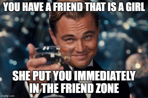 Leonardo Dicaprio Cheers | YOU HAVE A FRIEND THAT IS A GIRL; SHE PUT YOU IMMEDIATELY IN THE FRIEND ZONE | image tagged in memes,leonardo dicaprio cheers | made w/ Imgflip meme maker