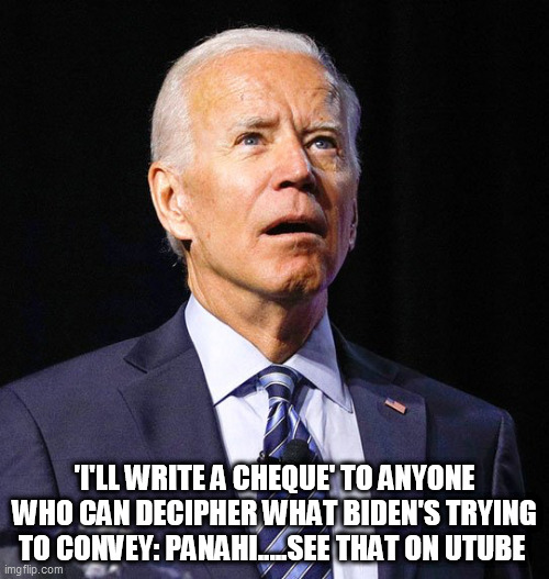 Joe Biden | 'I'LL WRITE A CHEQUE' TO ANYONE WHO CAN DECIPHER WHAT BIDEN'S TRYING TO CONVEY: PANAHI.....SEE THAT ON UTUBE | image tagged in joe biden | made w/ Imgflip meme maker