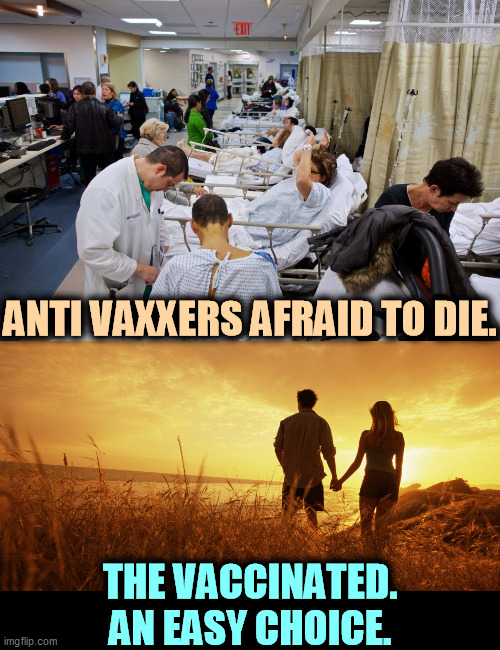 We're waiting for you. Get the shots. (Girl not included) | ANTI VAXXERS AFRAID TO DIE. THE VACCINATED.
AN EASY CHOICE. | image tagged in anti vaxxers in the hospital ward,trump,vaccination,anti vax,stupid | made w/ Imgflip meme maker