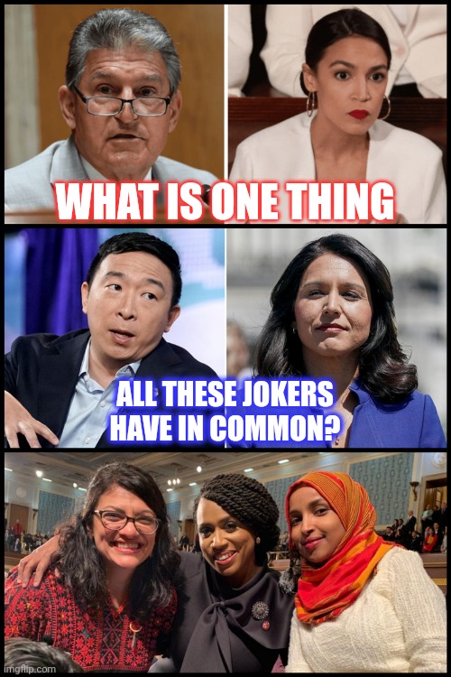 What do these jokers have in common? | WHAT IS ONE THING; ALL THESE JOKERS HAVE IN COMMON? | image tagged in anti-biden democrats | made w/ Imgflip meme maker