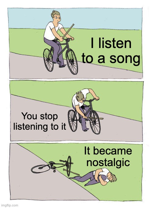 :( | I listen to a song; You stop listening to it; It became nostalgic | image tagged in memes,bike fall | made w/ Imgflip meme maker