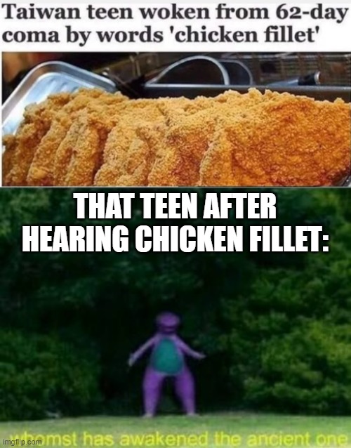 THAT TEEN AFTER HEARING CHICKEN FILLET: | image tagged in whomst has awakened the ancient one | made w/ Imgflip meme maker