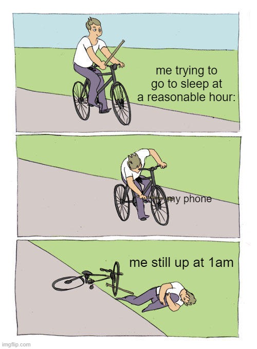Bike Fall Meme | me trying to go to sleep at a reasonable hour:; my phone; me still up at 1am | image tagged in memes,bike fall | made w/ Imgflip meme maker