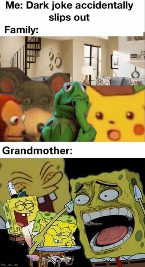 Dark humor grandma | image tagged in spongebob laughing hysterically | made w/ Imgflip meme maker