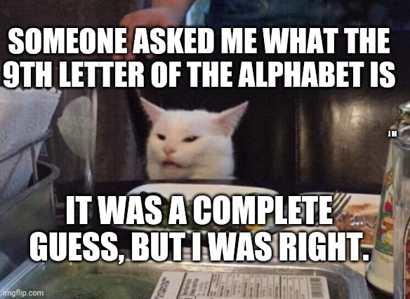 Salad cat | SOMEONE ASKED ME WHAT THE 9TH LETTER OF THE ALPHABET IS; J M; IT WAS A COMPLETE GUESS, BUT I WAS RIGHT. | image tagged in salad cat | made w/ Imgflip meme maker