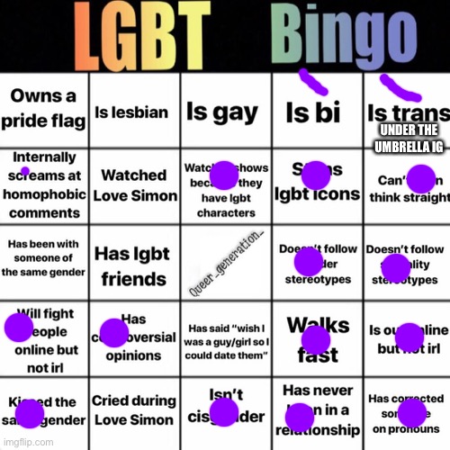 LGBTQ bingo | UNDER THE UMBRELLA IG | image tagged in lgbtq bingo | made w/ Imgflip meme maker