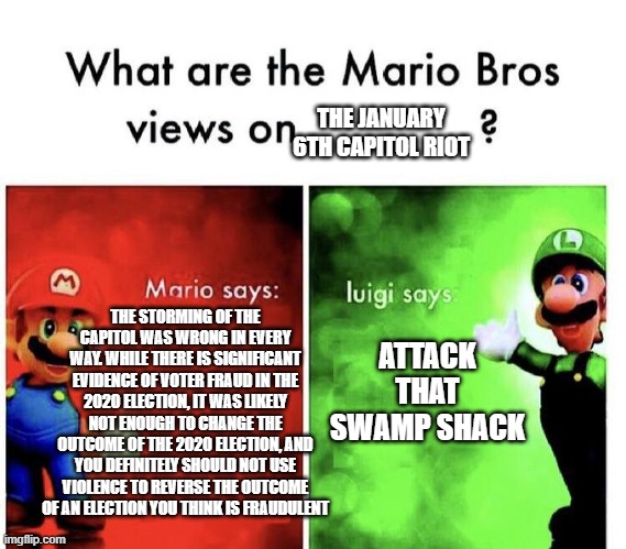 Mario Bros Views | THE JANUARY 6TH CAPITOL RIOT; ATTACK THAT SWAMP SHACK; THE STORMING OF THE CAPITOL WAS WRONG IN EVERY WAY. WHILE THERE IS SIGNIFICANT EVIDENCE OF VOTER FRAUD IN THE 2020 ELECTION, IT WAS LIKELY NOT ENOUGH TO CHANGE THE OUTCOME OF THE 2020 ELECTION, AND YOU DEFINITELY SHOULD NOT USE VIOLENCE TO REVERSE THE OUTCOME OF AN ELECTION YOU THINK IS FRAUDULENT | image tagged in mario bros views | made w/ Imgflip meme maker