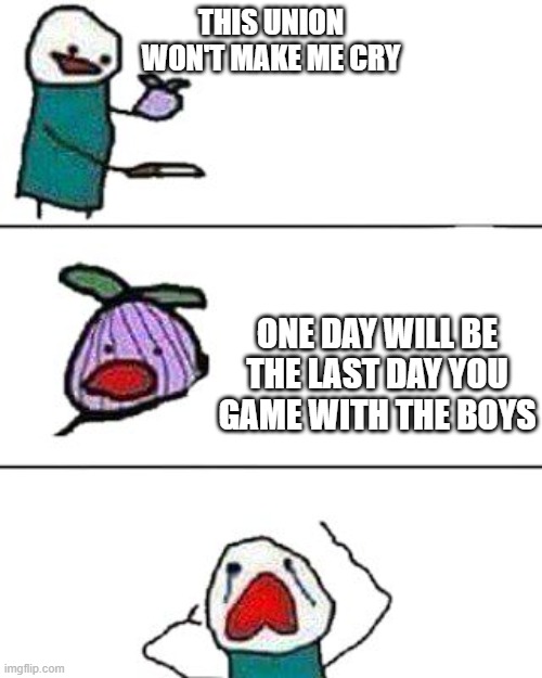 this onion won't make me cry | THIS UNION WON'T MAKE ME CRY; ONE DAY WILL BE THE LAST DAY YOU GAME WITH THE BOYS | image tagged in this onion won't make me cry | made w/ Imgflip meme maker