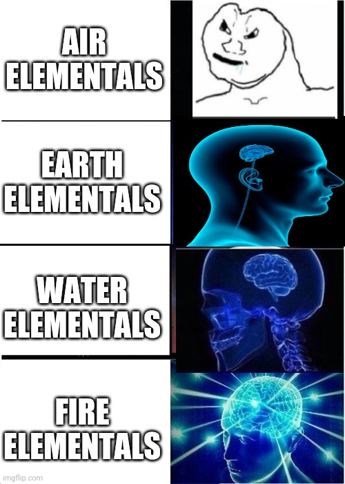 Void Raven elemental varients according to Shadow's dad (Shadow as in my feathersona-) | AIR ELEMENTALS; EARTH ELEMENTALS; WATER ELEMENTALS; FIRE ELEMENTALS | image tagged in memes,expanding brain | made w/ Imgflip meme maker