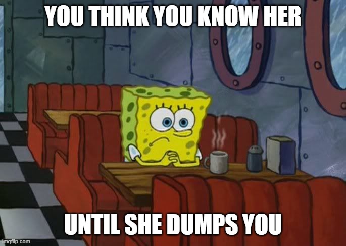 Sad | YOU THINK YOU KNOW HER; UNTIL SHE DUMPS YOU | image tagged in sad spongebob | made w/ Imgflip meme maker