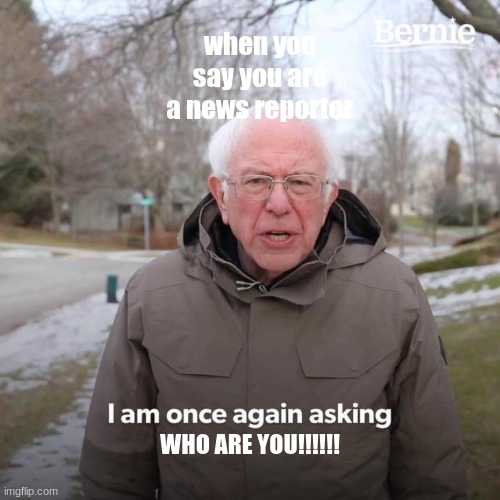 Bernie I Am Once Again Asking For Your Support Meme | when you say you are a news reporter; WHO ARE YOU!!!!!! | image tagged in memes,bernie i am once again asking for your support | made w/ Imgflip meme maker
