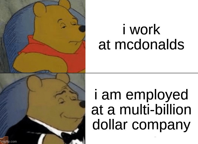 mcdonalds | i work at mcdonalds; i am employed at a multi-billion dollar company | image tagged in memes,tuxedo winnie the pooh | made w/ Imgflip meme maker