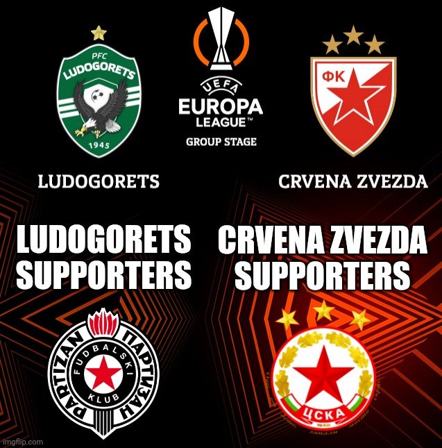 Ludogorets - Crvena zvezda. Thursday at 21:00 on Arena Sport 1 Serbia | CRVENA ZVEZDA SUPPORTERS; LUDOGORETS SUPPORTERS | image tagged in ludogorets,red star,europa league,memes | made w/ Imgflip meme maker