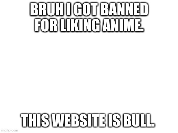 Blank White Template | BRUH I GOT BANNED FOR LIKING ANIME. THIS WEBSITE IS BULL. | image tagged in blank white template | made w/ Imgflip meme maker