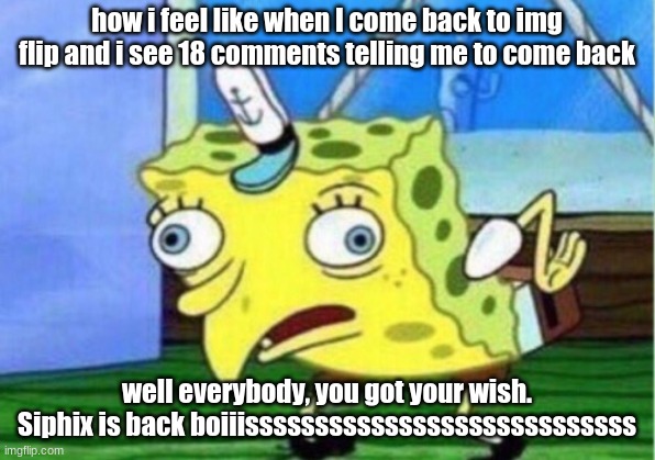 you got your wish | how i feel like when I come back to img flip and i see 18 comments telling me to come back; well everybody, you got your wish. Siphix is back boiiissssssssssssssssssssssssssss | image tagged in memes,im back,ight im back,welcome,what up | made w/ Imgflip meme maker