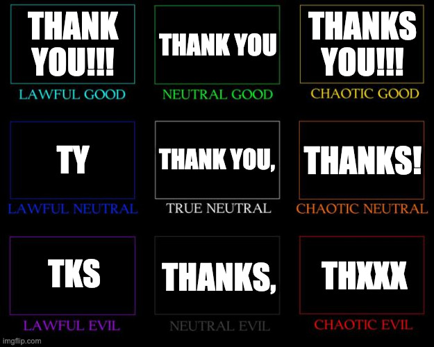 Alignment Chart | THANK YOU!!! THANK YOU; THANKS YOU!!! THANK YOU, THANKS! TY; TKS; THANKS, THXXX | image tagged in alignment chart | made w/ Imgflip meme maker