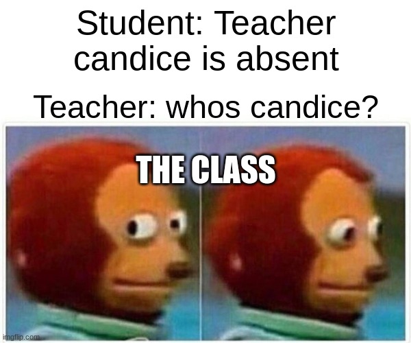 Monkey Puppet Meme | Student: Teacher candice is absent; Teacher: whos candice? THE CLASS | image tagged in memes,monkey puppet | made w/ Imgflip meme maker