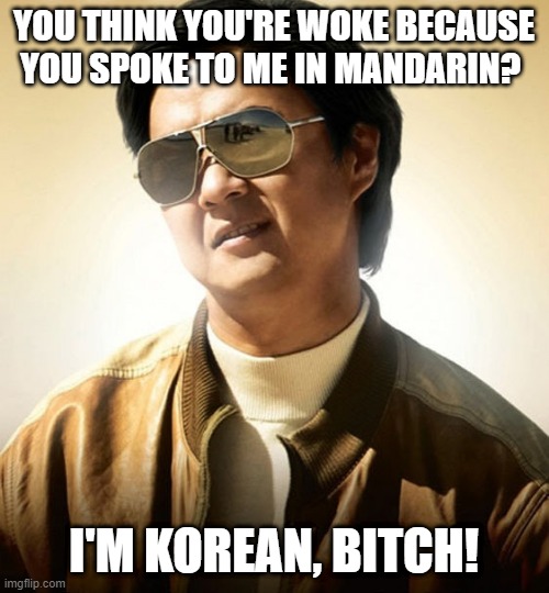 You Ain't Woke |  YOU THINK YOU'RE WOKE BECAUSE YOU SPOKE TO ME IN MANDARIN? I'M KOREAN, BITCH! | image tagged in mr chow hangover,woke,asian,politcally correct,waf | made w/ Imgflip meme maker