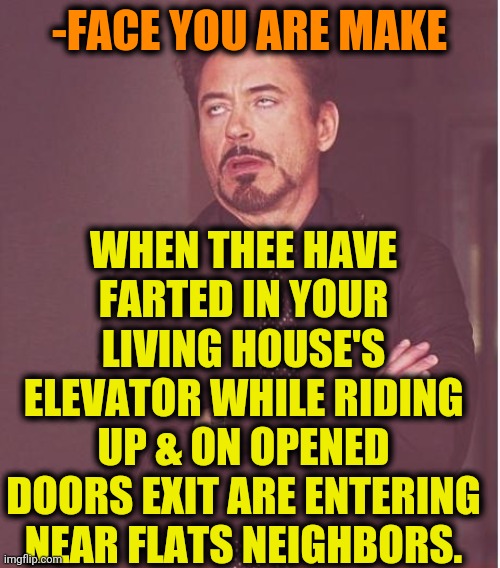 -Discredit. | -FACE YOU ARE MAKE; WHEN THEE HAVE FARTED IN YOUR LIVING HOUSE'S ELEVATOR WHILE RIDING UP & ON OPENED DOORS EXIT ARE ENTERING NEAR FLATS NEIGHBORS. | image tagged in memes,face you make robert downey jr,hold fart,lift,neighbors,toilet humor | made w/ Imgflip meme maker