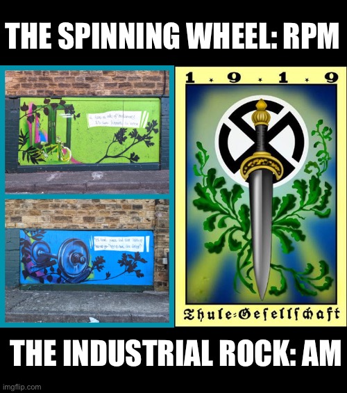 Sheffield's frequencies | THE SPINNING WHEEL: RPM; THE INDUSTRIAL ROCK: AM | image tagged in spinning,wheel,sleeping beauty,the sun,england,street art | made w/ Imgflip meme maker