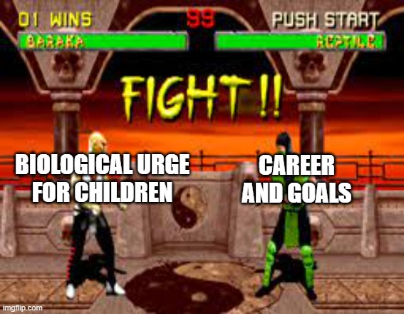 My daughters fight for her future | CAREER AND GOALS; BIOLOGICAL URGE
FOR CHILDREN | image tagged in fight,biology,career,funny memes,women,college | made w/ Imgflip meme maker