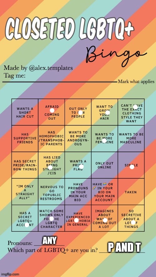 Closeted LGBTQ+ Bingo | ANY; P AND T | image tagged in closeted lgbtq bingo | made w/ Imgflip meme maker