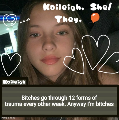 Over exaggerating, something slightly traumatic DID happen today but nothing too bad. | Bitches go through 12 forms of trauma every other week. Anyway I'm bitches | image tagged in kaileigh | made w/ Imgflip meme maker