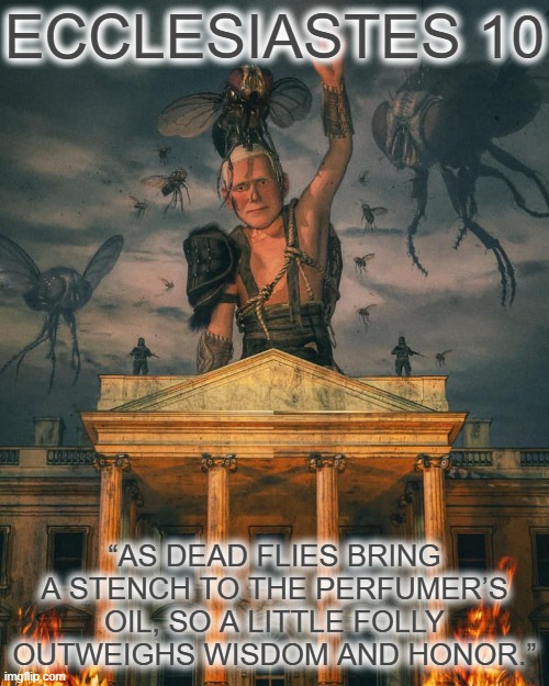 ECCLESIASTES 10 | ECCLESIASTES 10; “AS DEAD FLIES BRING A STENCH TO THE PERFUMER’S OIL, SO A LITTLE FOLLY OUTWEIGHS WISDOM AND HONOR.” | image tagged in ecclesiates,flies,dead,folly,wisdom,honor | made w/ Imgflip meme maker