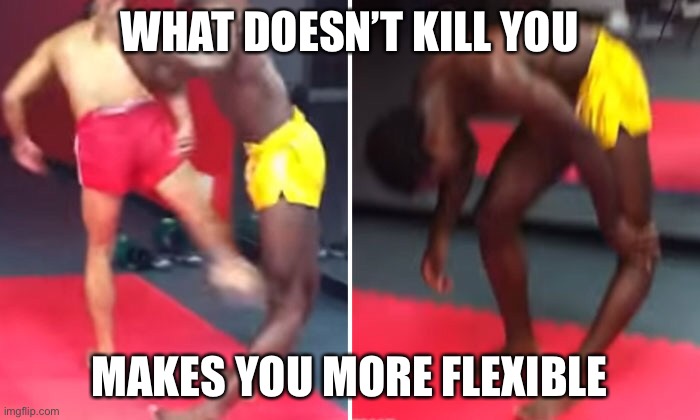 this is just wrong | WHAT DOESN’T KILL YOU; MAKES YOU MORE FLEXIBLE | image tagged in dark humor,funny,flexibility,fallout hold up,broken bone | made w/ Imgflip meme maker