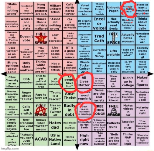 I mean, it does stand for National Socialist | image tagged in political compass bingo | made w/ Imgflip meme maker