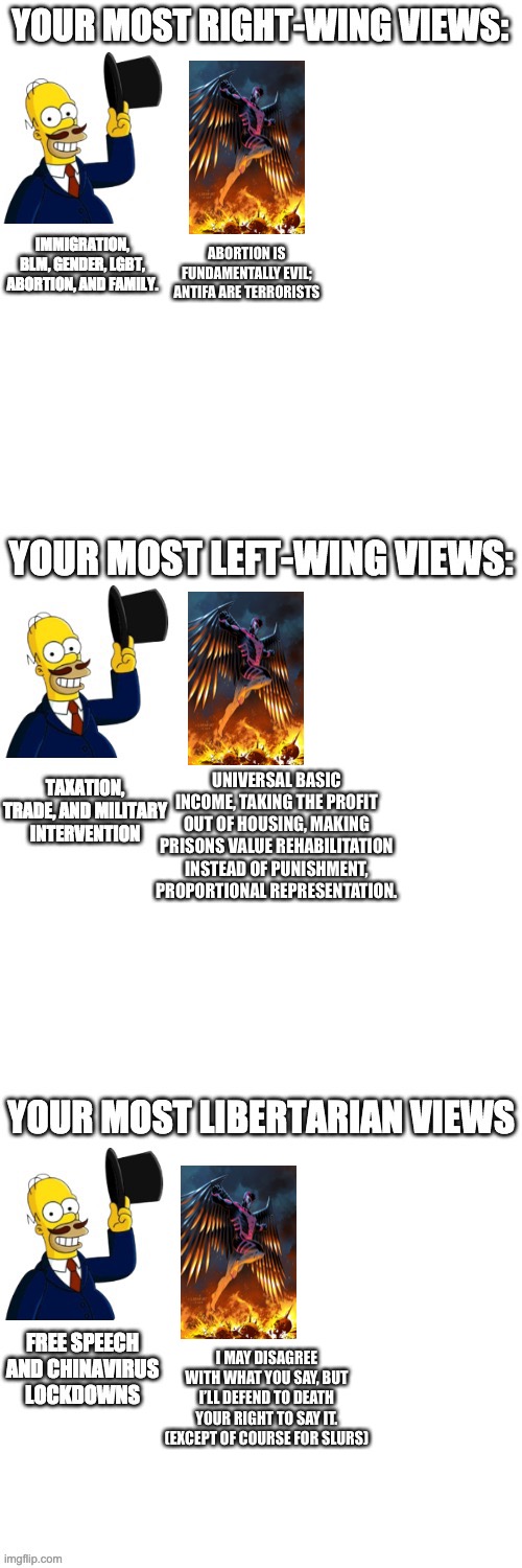 ABORTION IS FUNDAMENTALLY EVIL; ANTIFA ARE TERRORISTS; UNIVERSAL BASIC INCOME, TAKING THE PROFIT OUT OF HOUSING, MAKING PRISONS VALUE REHABILITATION INSTEAD OF PUNISHMENT, PROPORTIONAL REPRESENTATION. I MAY DISAGREE WITH WHAT YOU SAY, BUT I’LL DEFEND TO DEATH YOUR RIGHT TO SAY IT. (EXCEPT OF COURSE FOR SLURS) | made w/ Imgflip meme maker
