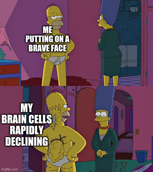 Homer Simpson's Back Fat | ME PUTTING ON A BRAVE FACE; MY BRAIN CELLS RAPIDLY DECLINING | image tagged in homer simpson's back fat | made w/ Imgflip meme maker