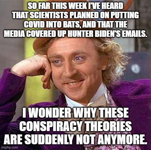 Creepy Condescending Wonka | SO FAR THIS WEEK I'VE HEARD THAT SCIENTISTS PLANNED ON PUTTING COVID INTO BATS, AND THAT THE MEDIA COVERED UP HUNTER BIDEN'S EMAILS. I WONDER WHY THESE CONSPIRACY THEORIES ARE SUDDENLY NOT ANYMORE. | image tagged in memes,creepy condescending wonka | made w/ Imgflip meme maker
