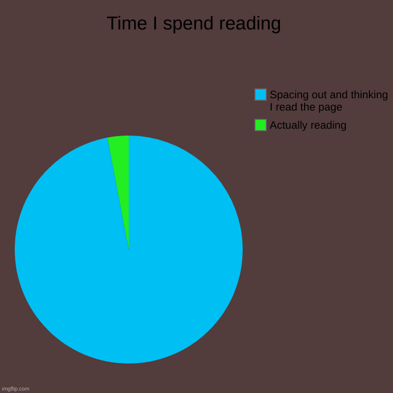 Reading | Time I spend reading | Actually reading, Spacing out and thinking I read the page | image tagged in charts,pie charts | made w/ Imgflip chart maker
