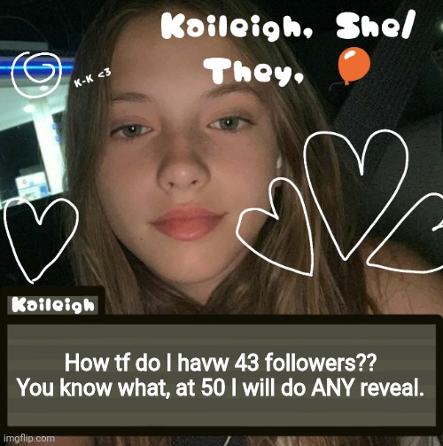 How tf do I havw 43 followers?? You know what, at 50 I will do ANY reveal. | image tagged in kaileigh | made w/ Imgflip meme maker